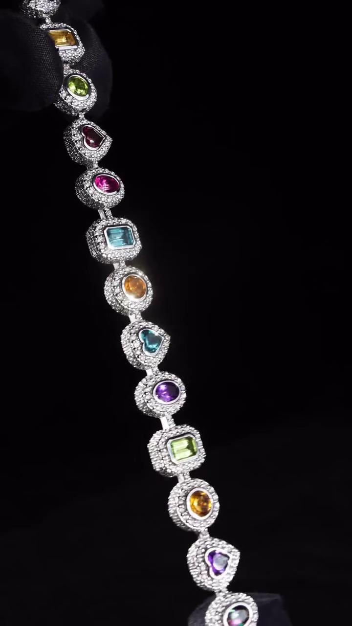 Rainbow Gemstone Tennis Bracelet | Multi-Shape Gemstones with Moissanite Halo | Sterling Silver Luxury Jewelry