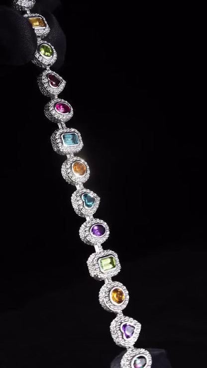 Rainbow Gemstone Tennis Bracelet | Multi-Shape Gemstones with Moissanite Halo | Sterling Silver Luxury Jewelry