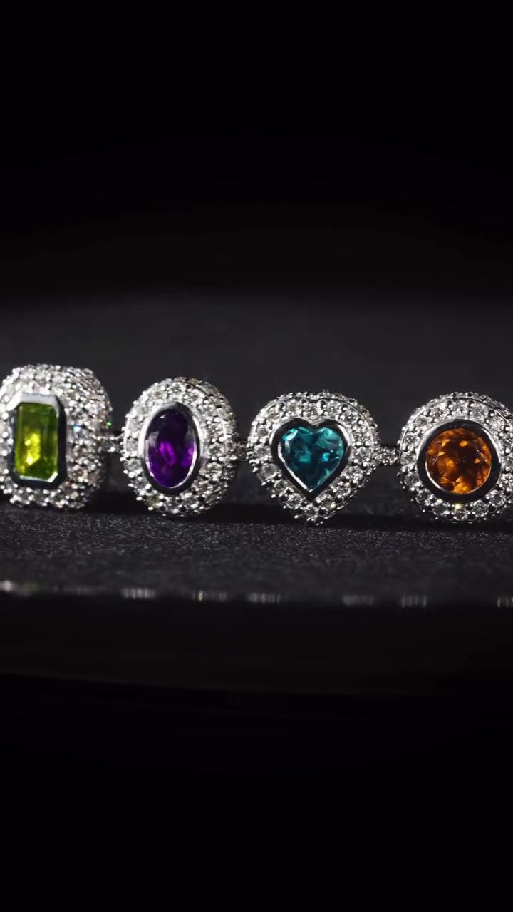Rainbow Gemstone Tennis Bracelet | Multi-Shape Gemstones with Moissanite Halo | Sterling Silver Luxury Jewelry