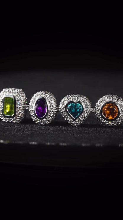 Rainbow Gemstone Tennis Bracelet | Multi-Shape Gemstones with Moissanite Halo | Sterling Silver Luxury Jewelry