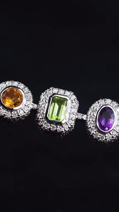Rainbow Gemstone Tennis Bracelet | Multi-Shape Gemstones with Moissanite Halo | Sterling Silver Luxury Jewelry