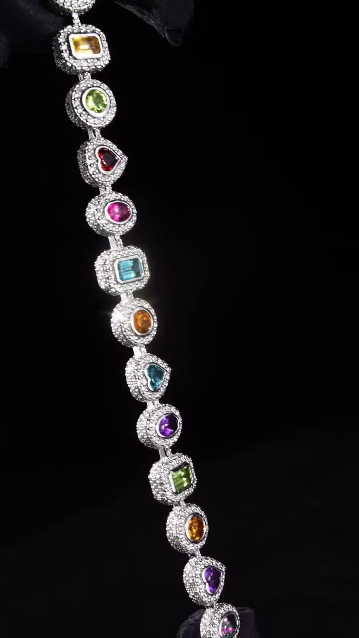 Rainbow Gemstone Tennis Bracelet | Multi-Shape Gemstones with Moissanite Halo | Sterling Silver Luxury Jewelry