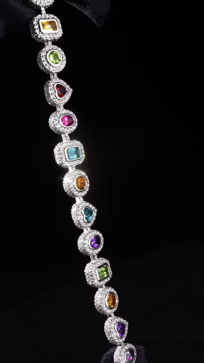 Rainbow Gemstone Tennis Bracelet | Multi-Shape Gemstones with Moissanite Halo | Sterling Silver Luxury Jewelry