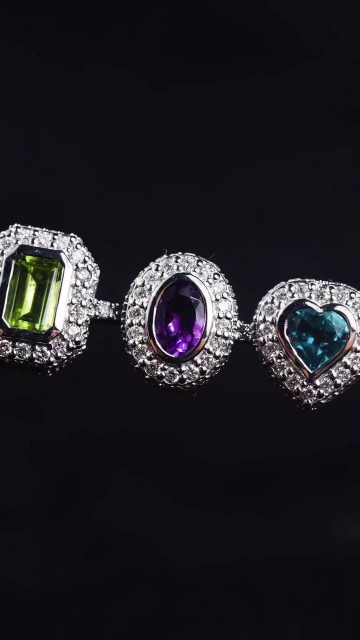 Rainbow Gemstone Tennis Bracelet | Multi-Shape Gemstones with Moissanite Halo | Sterling Silver Luxury Jewelry
