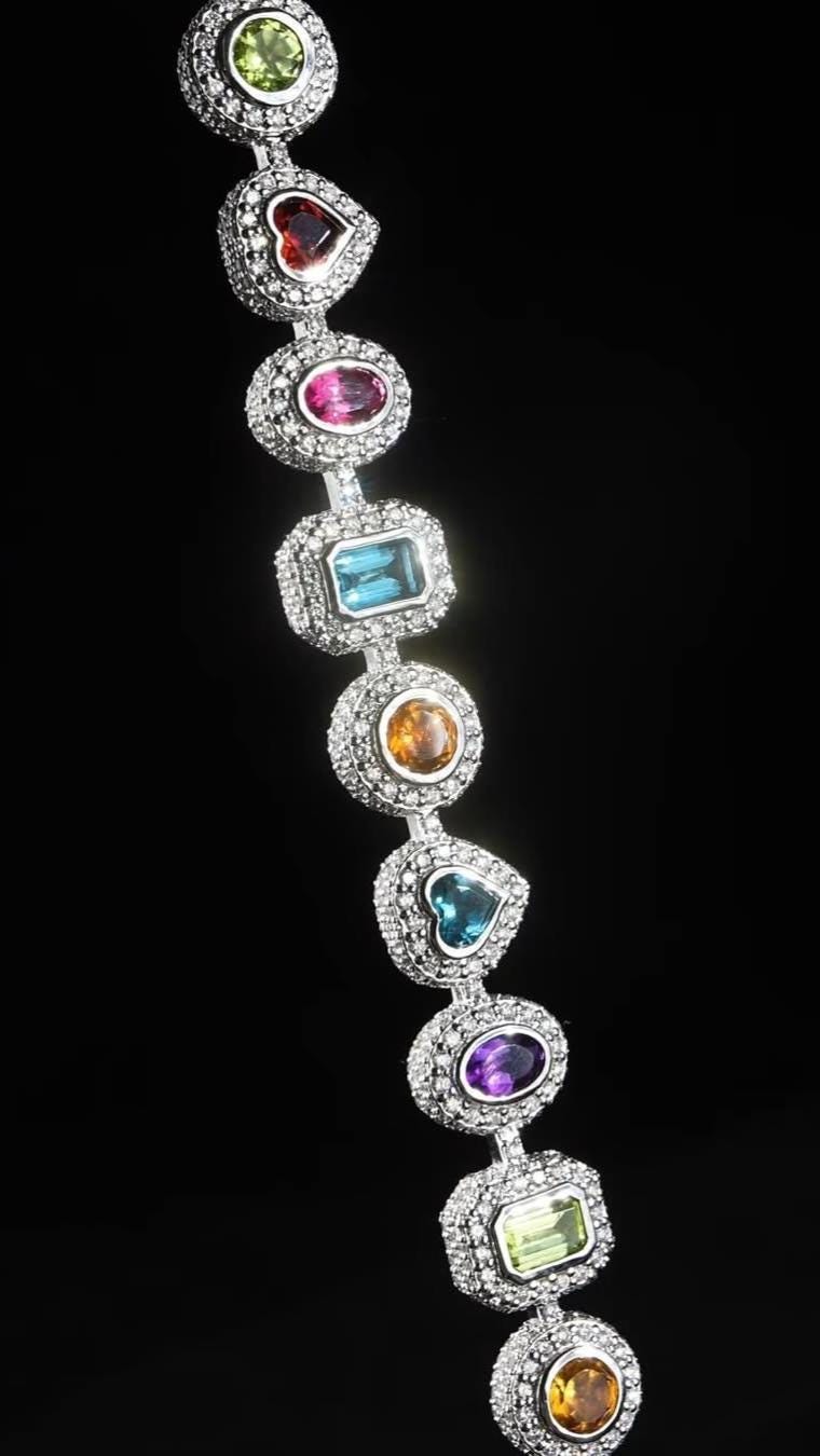 Rainbow Gemstone Tennis Bracelet | Multi-Shape Gemstones with Moissanite Halo | Sterling Silver Luxury Jewelry