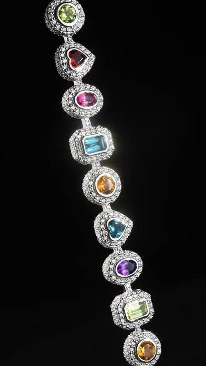 Rainbow Gemstone Tennis Bracelet | Multi-Shape Gemstones with Moissanite Halo | Sterling Silver Luxury Jewelry