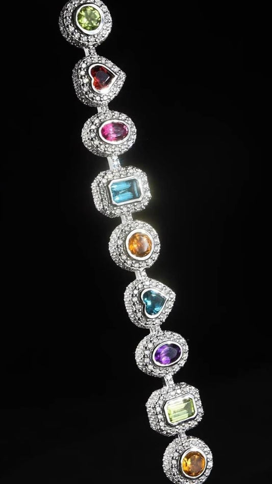 Rainbow Gemstone Tennis Bracelet | Multi-Shape Gemstones with Moissanite Halo | Sterling Silver Luxury Jewelry