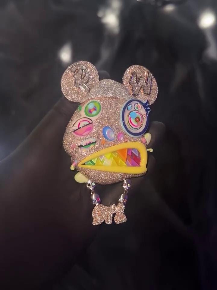 Custom Multi-Color Bear Head Pendant | VVS Moissanite Iced Out | Unique Hip Hop Jewelry | Rainbow Enamel & Skull Accents