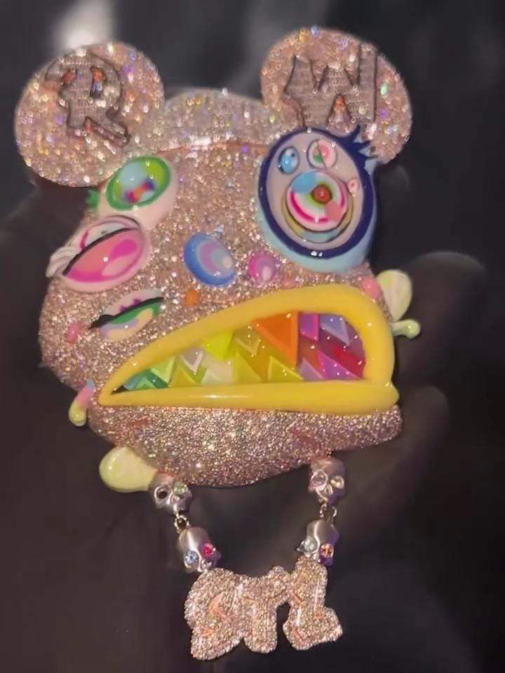 Custom Multi-Color Bear Head Pendant | VVS Moissanite Iced Out | Unique Hip Hop Jewelry | Rainbow Enamel & Skull Accents
