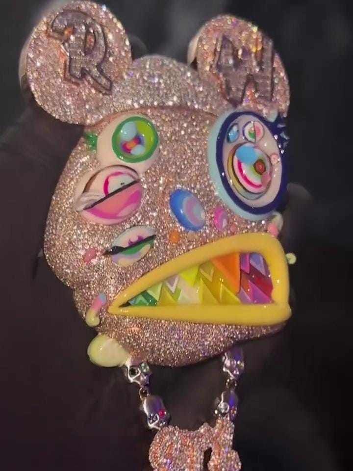 Custom Multi-Color Bear Head Pendant | VVS Moissanite Iced Out | Unique Hip Hop Jewelry | Rainbow Enamel & Skull Accents