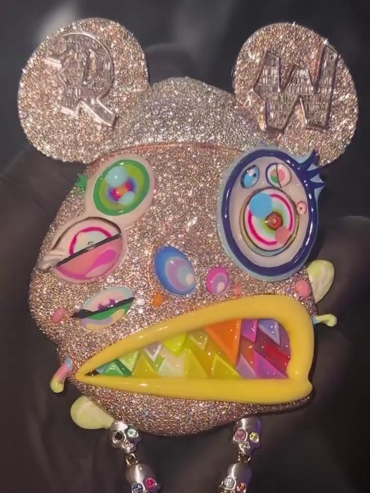 Custom Multi-Color Bear Head Pendant | VVS Moissanite Iced Out | Unique Hip Hop Jewelry | Rainbow Enamel & Skull Accents