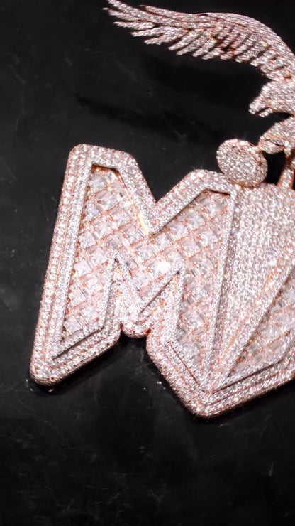 Custom Iced Out Pendant | Raised Princess & Baguette VVS Moissanite | 925 Sterling Silver | Round Diamond Border | Luxury Hip Hop Jewelry