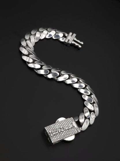 15mm Cuban Link Bracelet with Custom Moissanite Lock | Solid 925 Sterling Silver | Plain Polished Finish | Iced Out Clasp | Hip Hop Jewelry