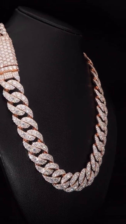 23mm Iced Out Cuban Link Chain, 925 Silver with VVS Moissanite Diamonds, Rose Gold Finish, Luxury Hip Hop Necklace, Men’s Jewelry