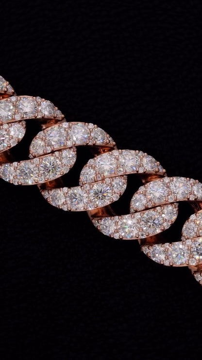 23mm Iced Out Cuban Link Chain, 925 Silver with VVS Moissanite Diamonds, Rose Gold Finish, Luxury Hip Hop Necklace, Men’s Jewelry