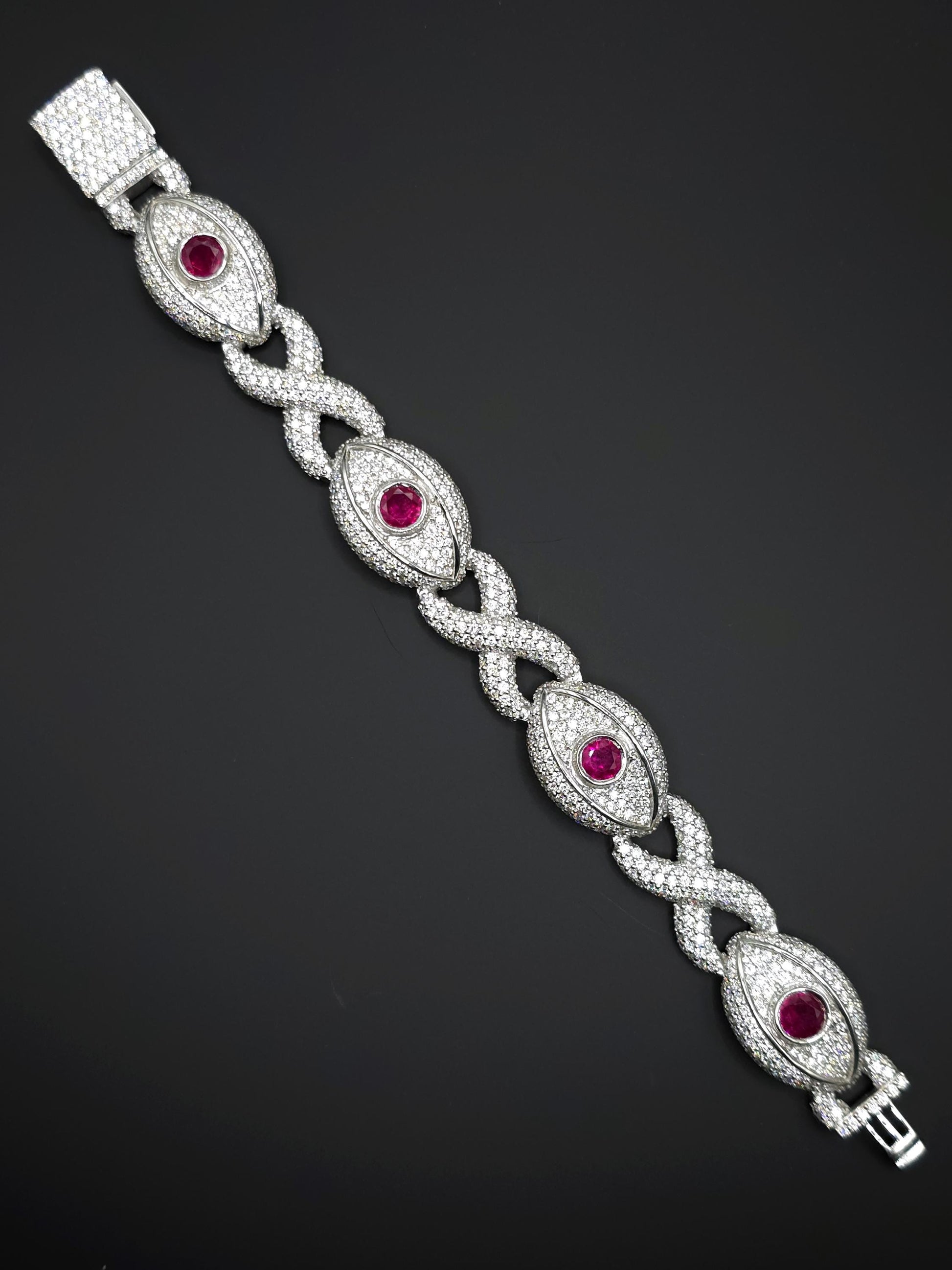 Luxury Ruby Evil Eye Bracelet | 16mm Wide | VVS1 Moissanite Iced Out Link Bracelet | 925 Sterling Silver | Hip Hop Jewelry for Men & Women