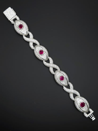 Luxury Ruby Evil Eye Bracelet | 16mm Wide | VVS1 Moissanite Iced Out Link Bracelet | 925 Sterling Silver | Hip Hop Jewelry for Men & Women