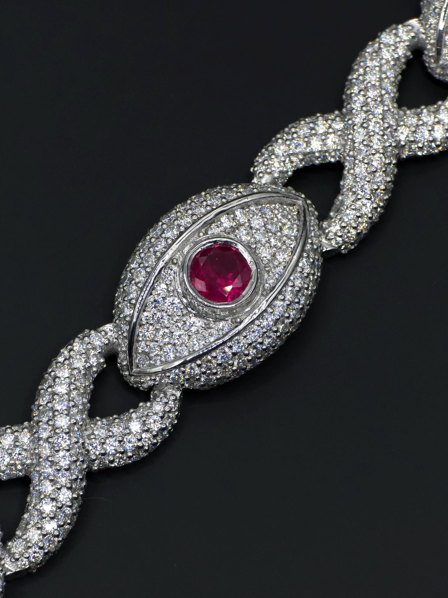 Luxury Ruby Evil Eye Bracelet | 16mm Wide | VVS1 Moissanite Iced Out Link Bracelet | 925 Sterling Silver | Hip Hop Jewelry for Men & Women