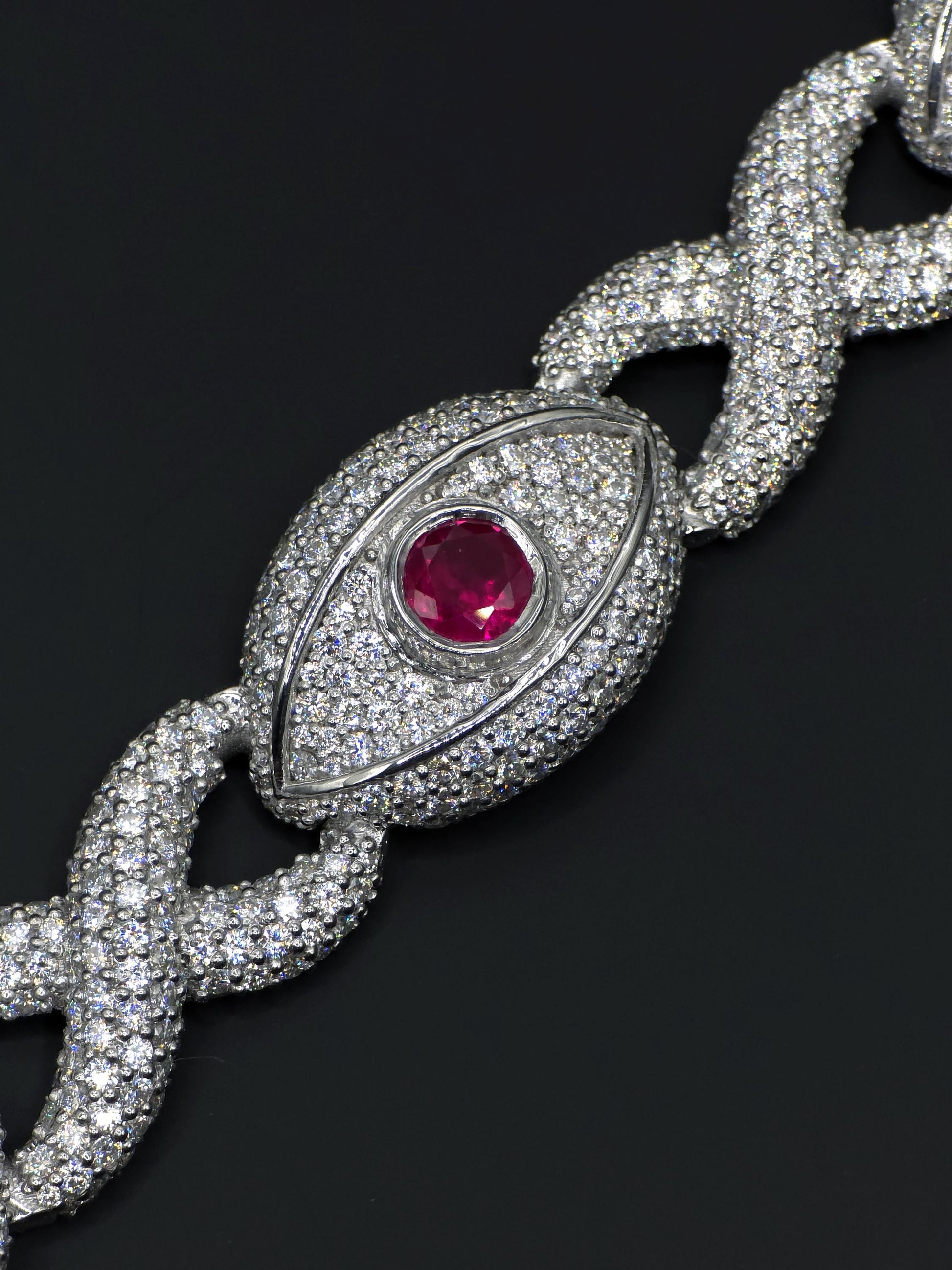 Luxury Ruby Evil Eye Bracelet | 16mm Wide | VVS1 Moissanite Iced Out Link Bracelet | 925 Sterling Silver | Hip Hop Jewelry for Men & Women