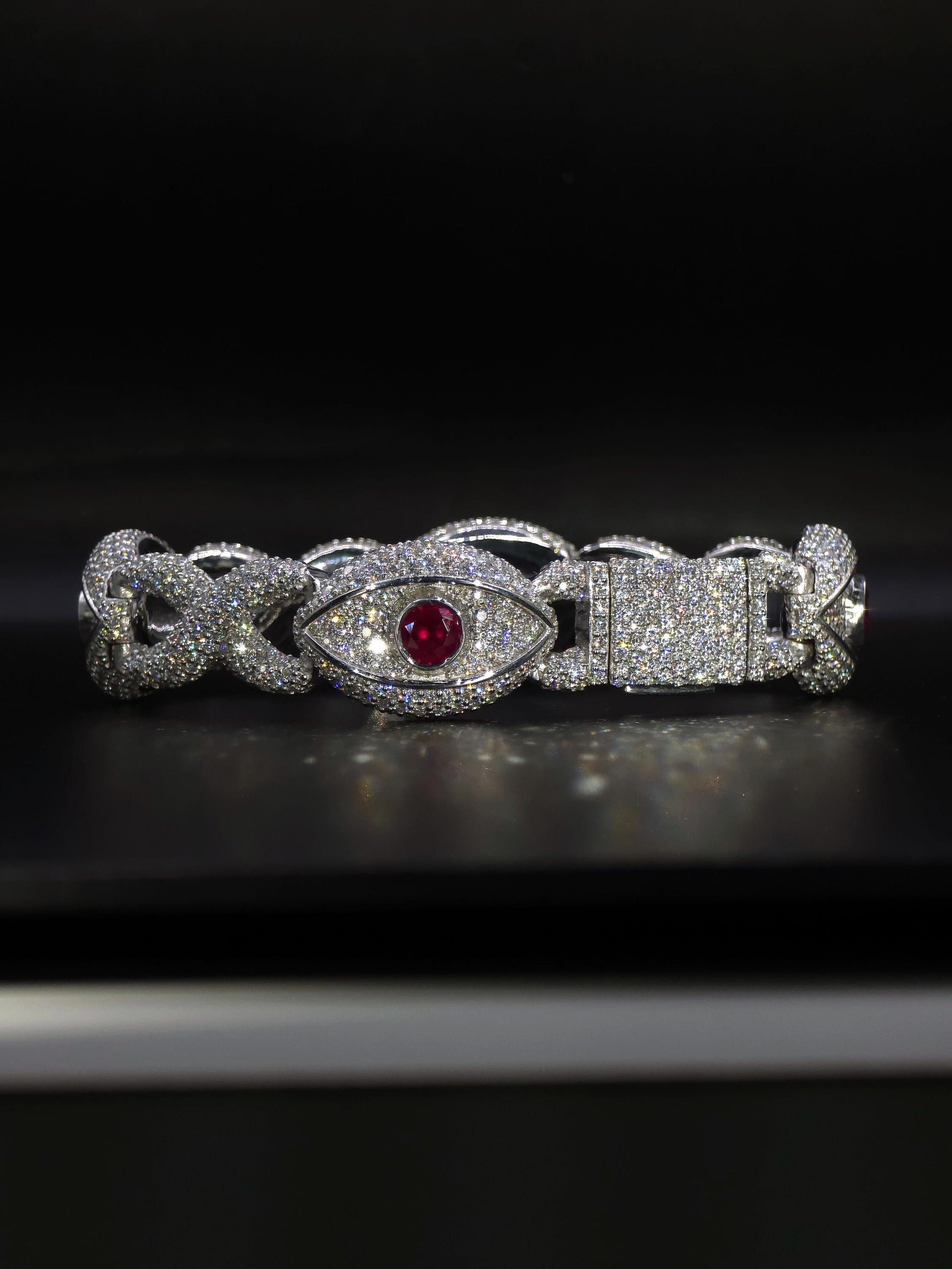 Luxury Ruby Evil Eye Bracelet | 16mm Wide | VVS1 Moissanite Iced Out Link Bracelet | 925 Sterling Silver | Hip Hop Jewelry for Men & Women