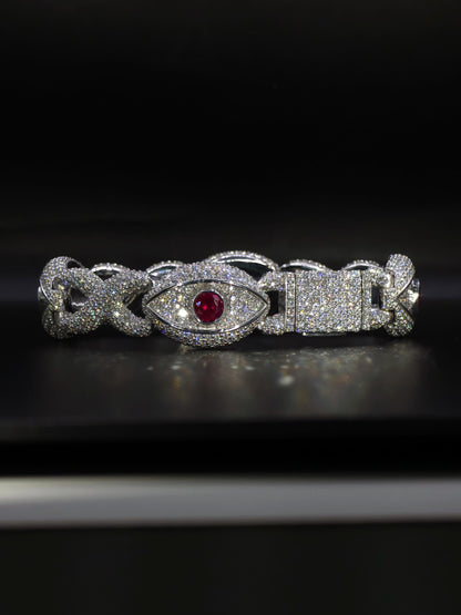 Luxury Ruby Evil Eye Bracelet | 16mm Wide | VVS1 Moissanite Iced Out Link Bracelet | 925 Sterling Silver | Hip Hop Jewelry for Men & Women