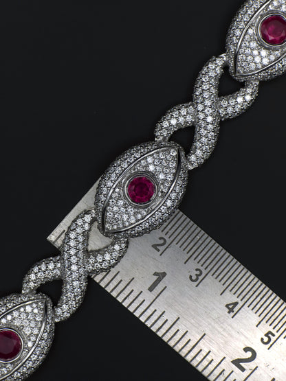 Luxury Ruby Evil Eye Bracelet | 16mm Wide | VVS1 Moissanite Iced Out Link Bracelet | 925 Sterling Silver | Hip Hop Jewelry for Men & Women