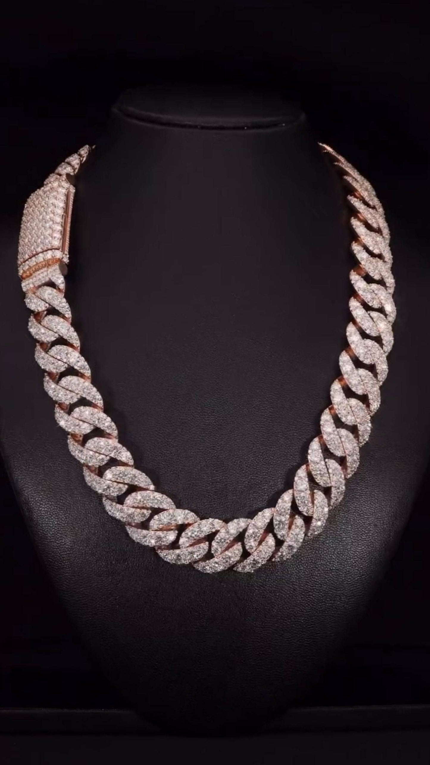 23mm Iced Out Cuban Link Chain, 925 Silver with VVS Moissanite Diamonds, Rose Gold Finish, Luxury Hip Hop Necklace, Men’s Jewelry