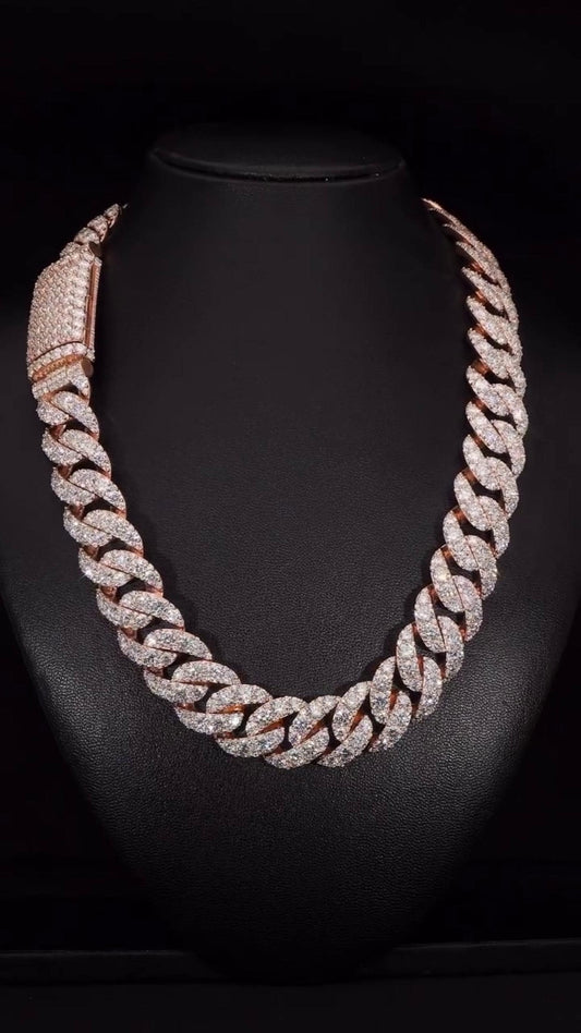 23mm Iced Out Cuban Link Chain, 925 Silver with VVS Moissanite Diamonds, Rose Gold Finish, Luxury Hip Hop Necklace, Men’s Jewelry