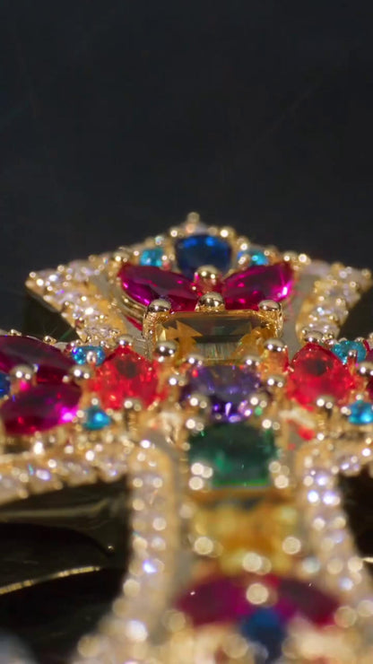 Multicolor Cross Bracelet | 925 Sterling Silver with VVS Moissanite & Colored Gemstones | Iced Out Gold Finish Hip Hop Jewelry