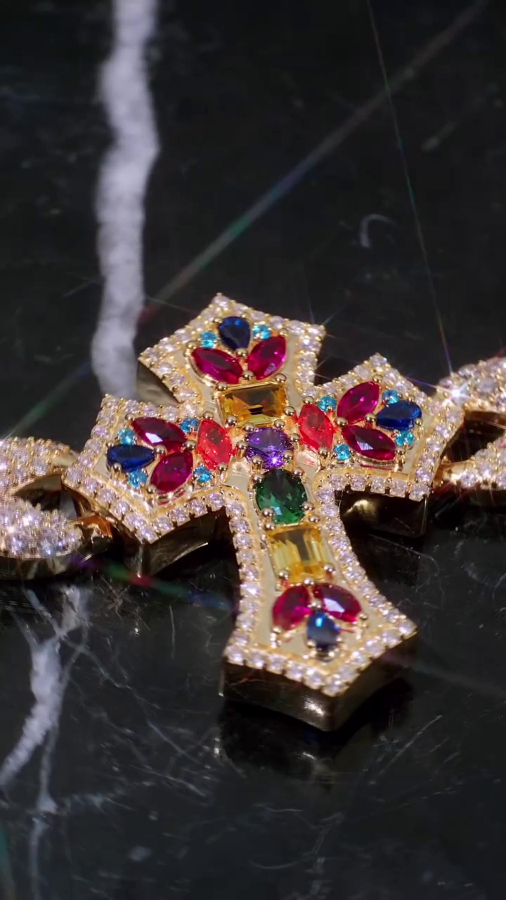 Multicolor Cross Bracelet | 925 Sterling Silver with VVS Moissanite & Colored Gemstones | Iced Out Gold Finish Hip Hop Jewelry