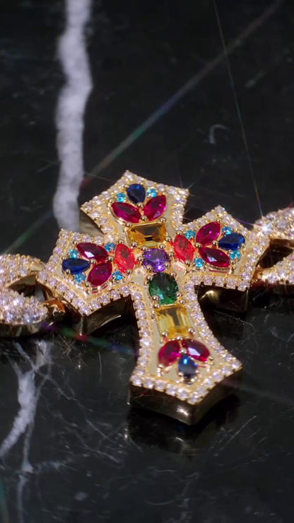 Multicolor Cross Bracelet | 925 Sterling Silver with VVS Moissanite & Colored Gemstones | Iced Out Gold Finish Hip Hop Jewelry
