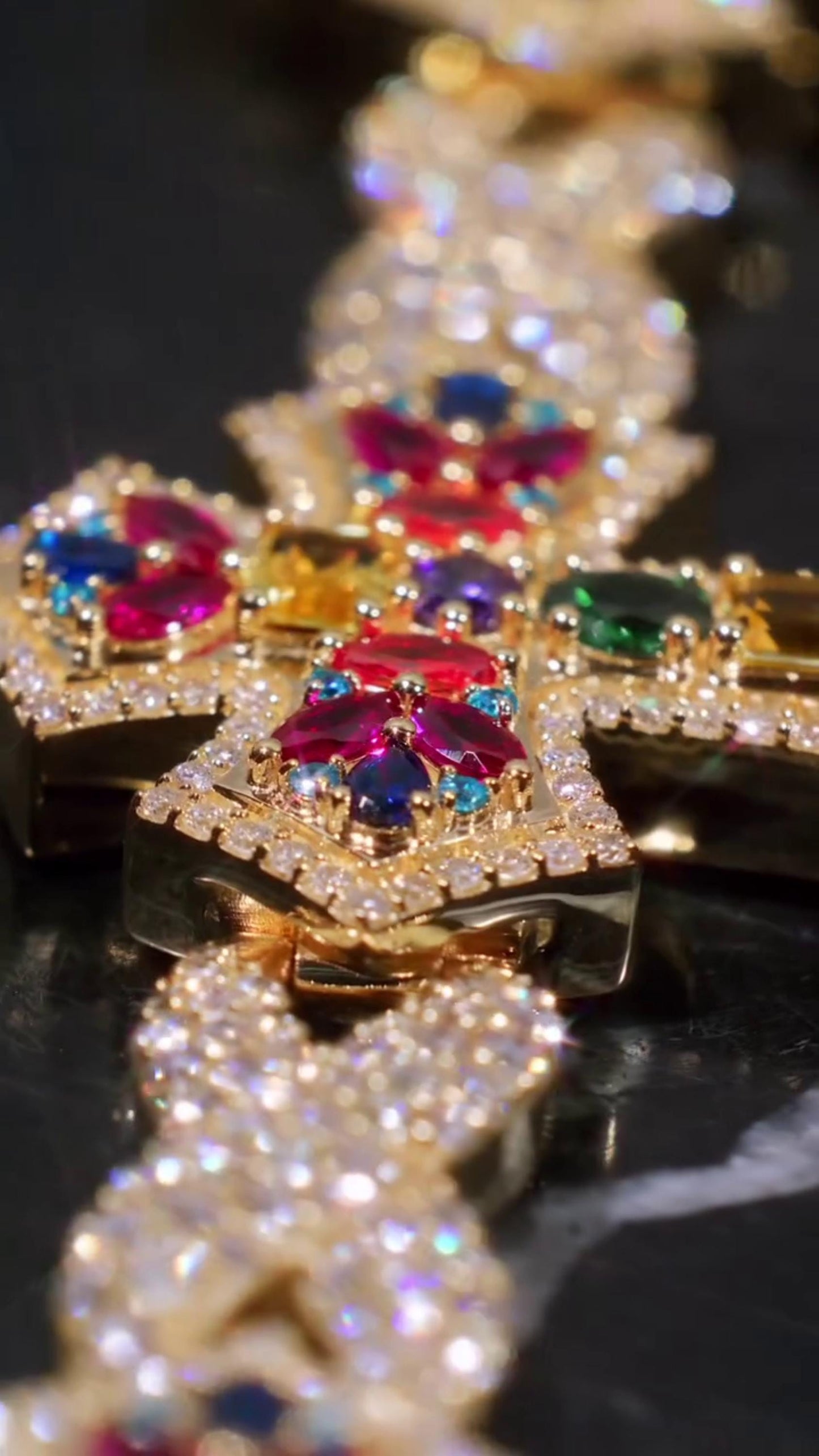 Multicolor Cross Bracelet | 925 Sterling Silver with VVS Moissanite & Colored Gemstones | Iced Out Gold Finish Hip Hop Jewelry