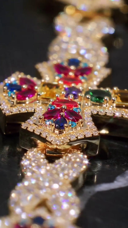 Multicolor Cross Bracelet | 925 Sterling Silver with VVS Moissanite & Colored Gemstones | Iced Out Gold Finish Hip Hop Jewelry