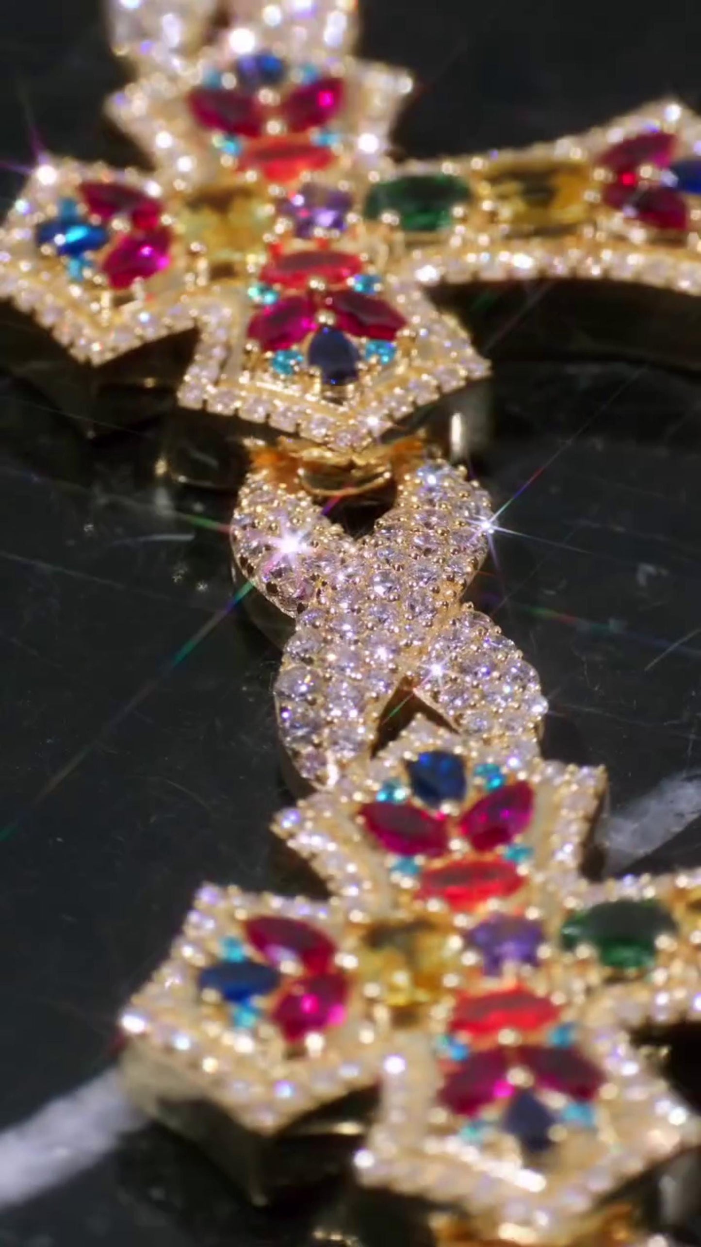 Multicolor Cross Bracelet | 925 Sterling Silver with VVS Moissanite & Colored Gemstones | Iced Out Gold Finish Hip Hop Jewelry