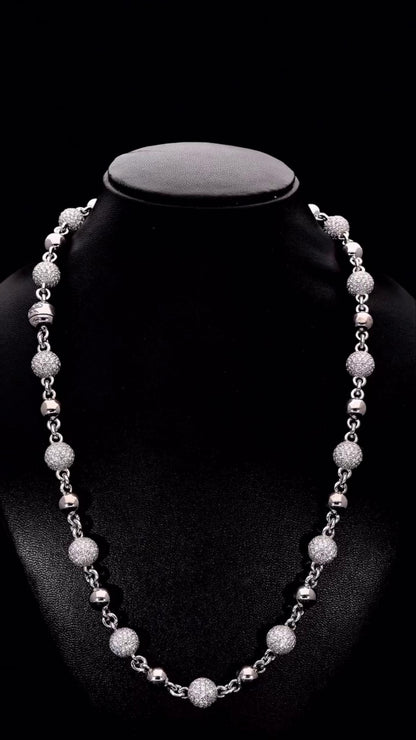 Moissanite Diamond 360 Ball Link Chain, D Color VVS1 Moissanite, Pass Diamond Tester, Rosary Necklace for Men / Women, 925 Sterling Silver