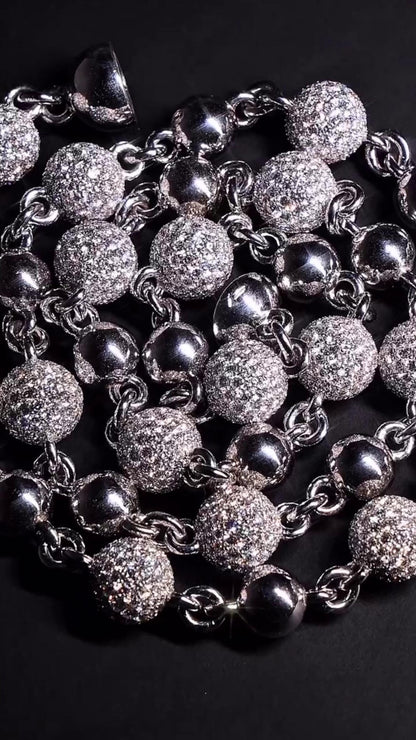 Moissanite Diamond 360 Ball Link Chain, D Color VVS1 Moissanite, Pass Diamond Tester, Rosary Necklace for Men / Women, 925 Sterling Silver