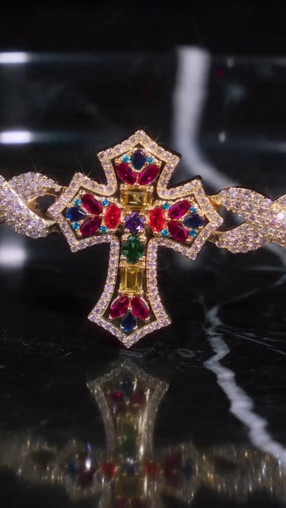 Multicolor Cross Bracelet | 925 Sterling Silver with VVS Moissanite & Colored Gemstones | Iced Out Gold Finish Hip Hop Jewelry