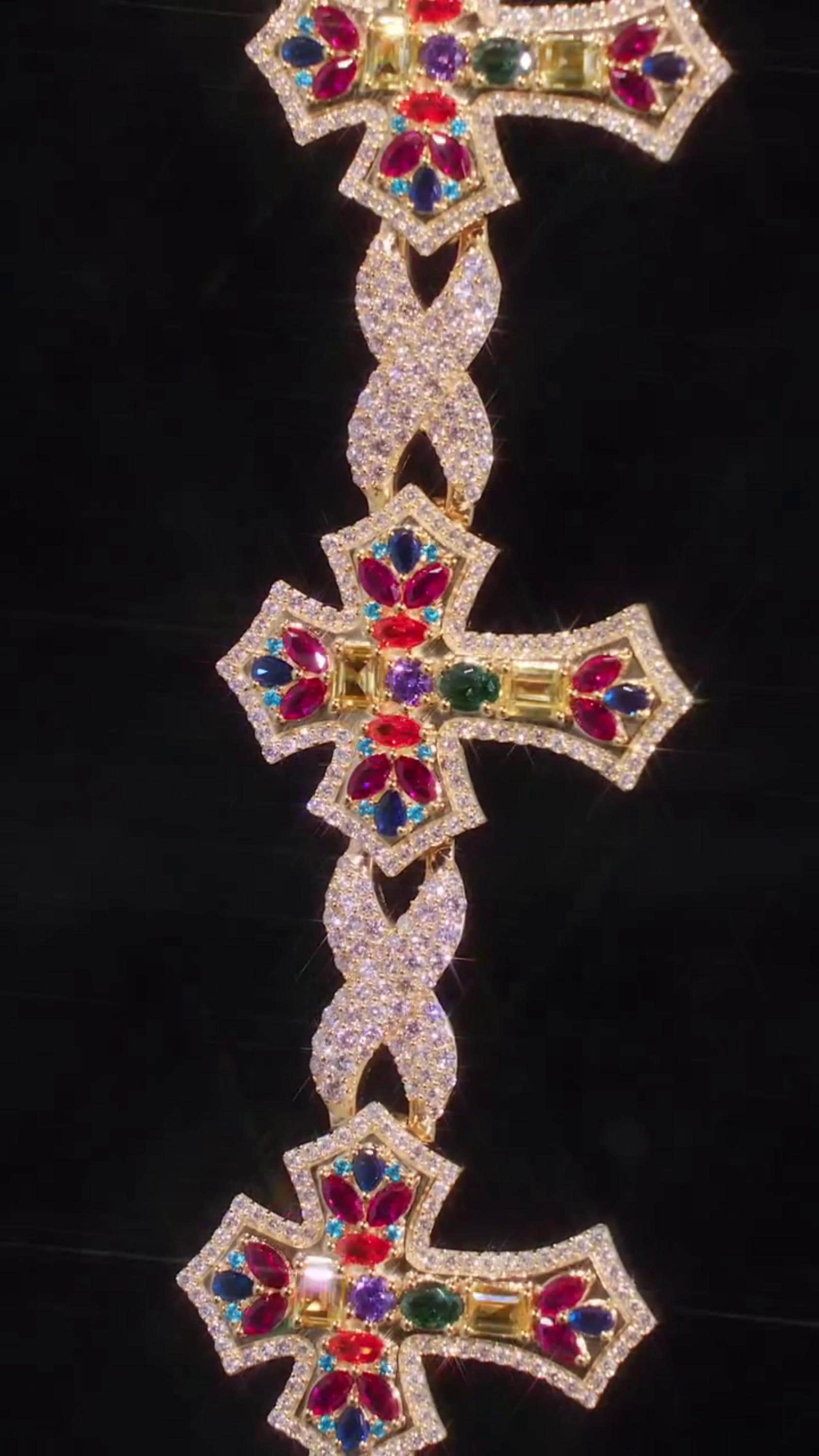 Multicolor Cross Bracelet | 925 Sterling Silver with VVS Moissanite & Colored Gemstones | Iced Out Gold Finish Hip Hop Jewelry