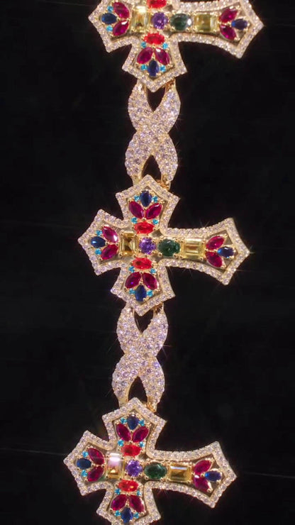 Multicolor Cross Bracelet | 925 Sterling Silver with VVS Moissanite & Colored Gemstones | Iced Out Gold Finish Hip Hop Jewelry