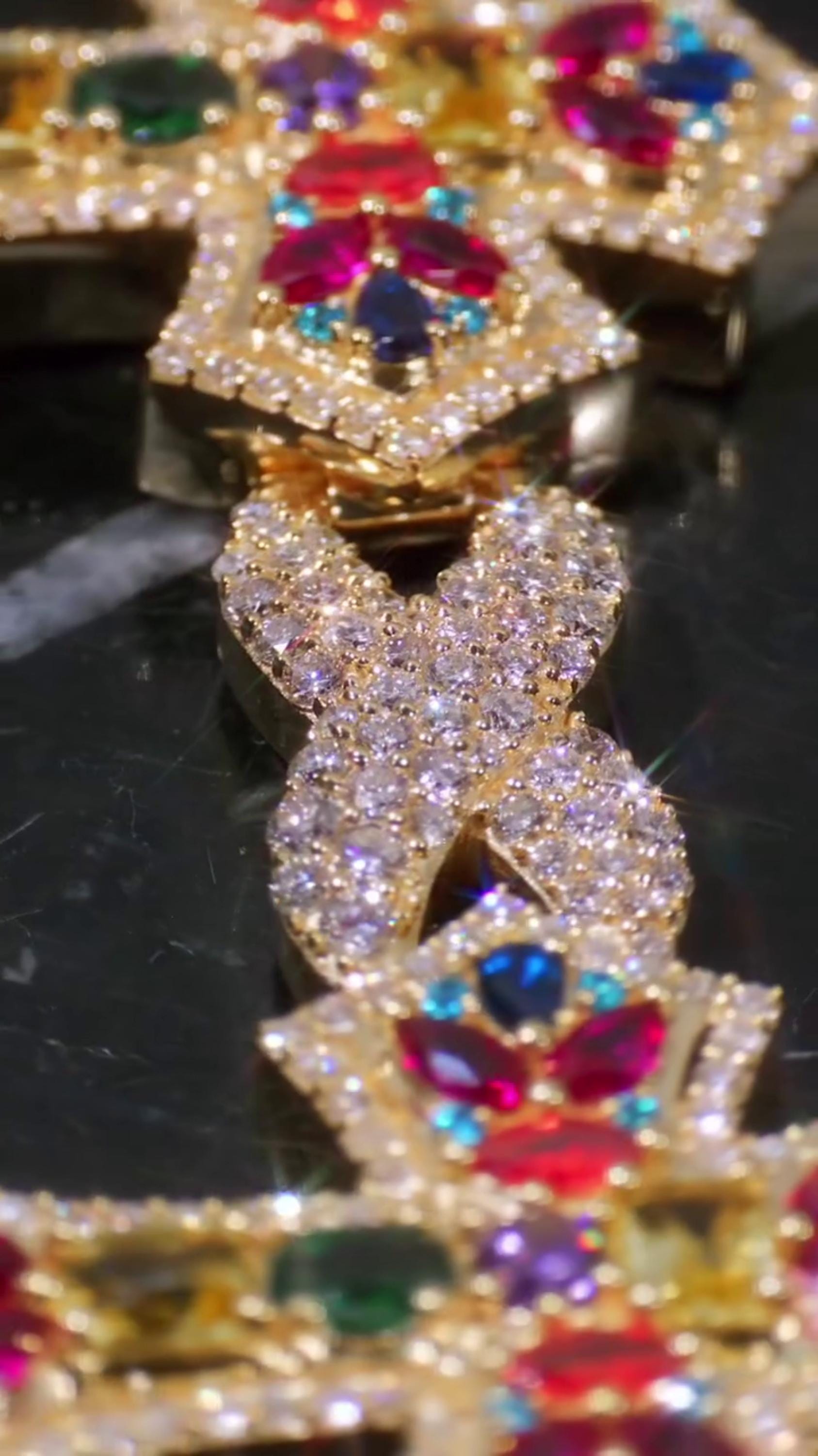 Multicolor Cross Bracelet | 925 Sterling Silver with VVS Moissanite & Colored Gemstones | Iced Out Gold Finish Hip Hop Jewelry