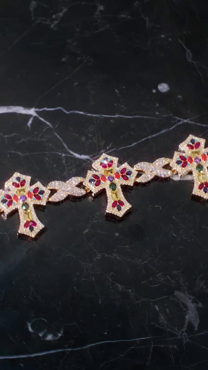 Multicolor Cross Bracelet | 925 Sterling Silver with VVS Moissanite & Colored Gemstones | Iced Out Gold Finish Hip Hop Jewelry