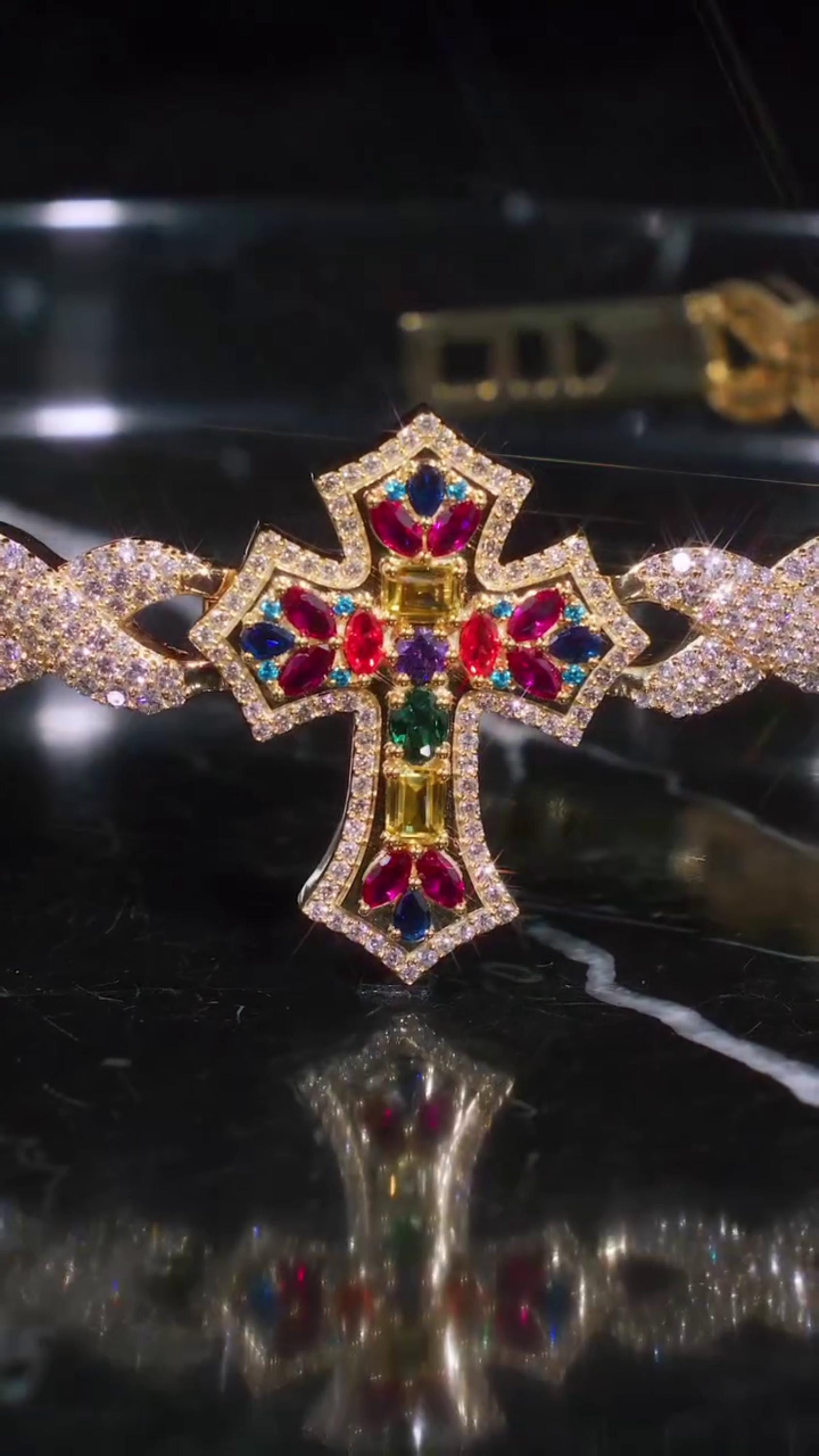 Multicolor Cross Bracelet | 925 Sterling Silver with VVS Moissanite & Colored Gemstones | Iced Out Gold Finish Hip Hop Jewelry