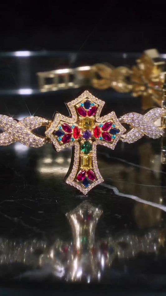 Multicolor Cross Bracelet | 925 Sterling Silver with VVS Moissanite & Colored Gemstones | Iced Out Gold Finish Hip Hop Jewelry