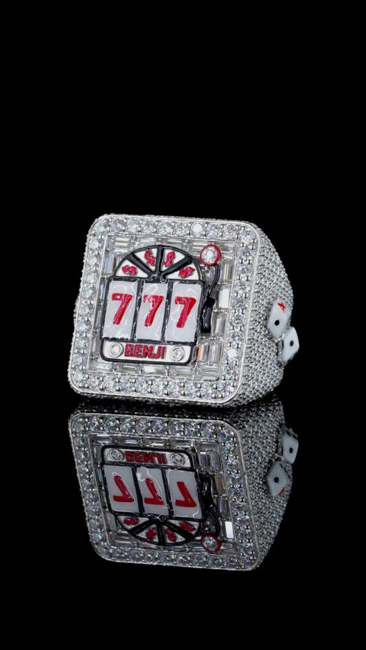 Lucky 777 Slot Machine Ring | Custom BENJI Casino Ring | Iced Out Moissanite & Dice Details | Hip Hop Statement Ring | 925 Silver Bling