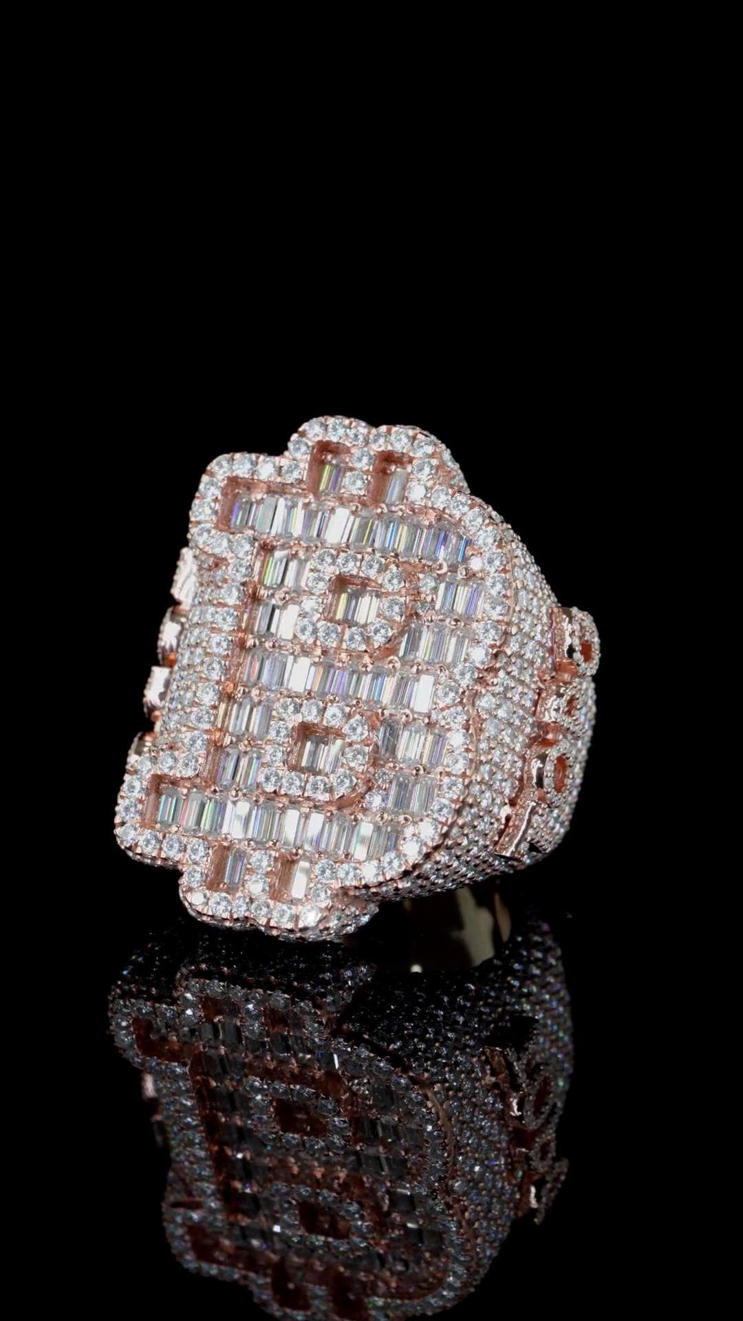Fully Iced Out Bitcoin B Ring | Baguette & Round Moissanite | 925 Sterling Silver | Hip Hop Statement Ring | Custom Jewelry | Men’s Bling