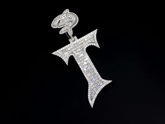 Baguette cut VVS1 Moissanite Letter "T" Pendant, Iced out Chunky Pendant, Custom Alphabet/Letter, 925 Sterling Silver/10k, Hip Hop Pendant