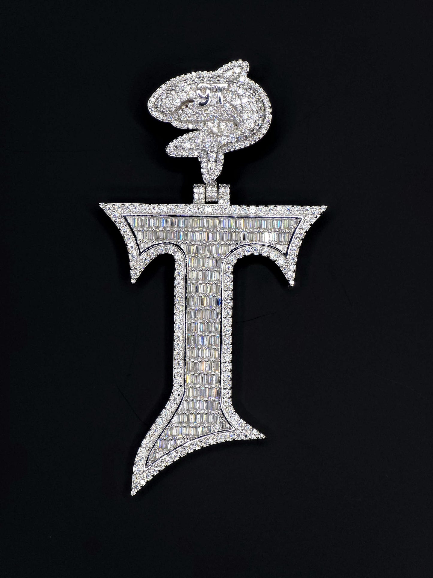 Baguette cut VVS1 Moissanite Letter "T" Pendant, Iced out Chunky Pendant, Custom Alphabet/Letter, 925 Sterling Silver/10k, Hip Hop Pendant