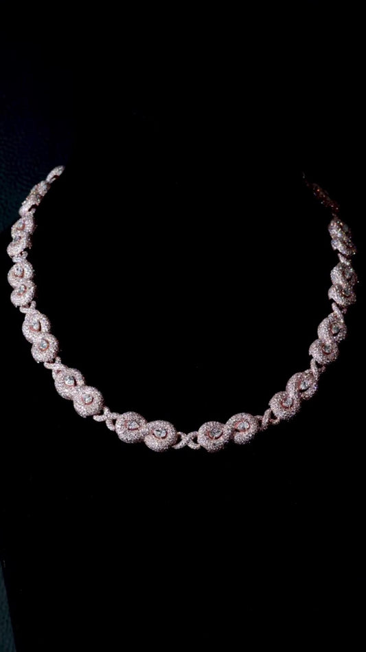 10mm Infinity Link Moissanite Necklace with Pear Accents | VVS Iced Out Chain in 925 Sterling Silver with Rose Gold Finish | Hip Hop Jewelry