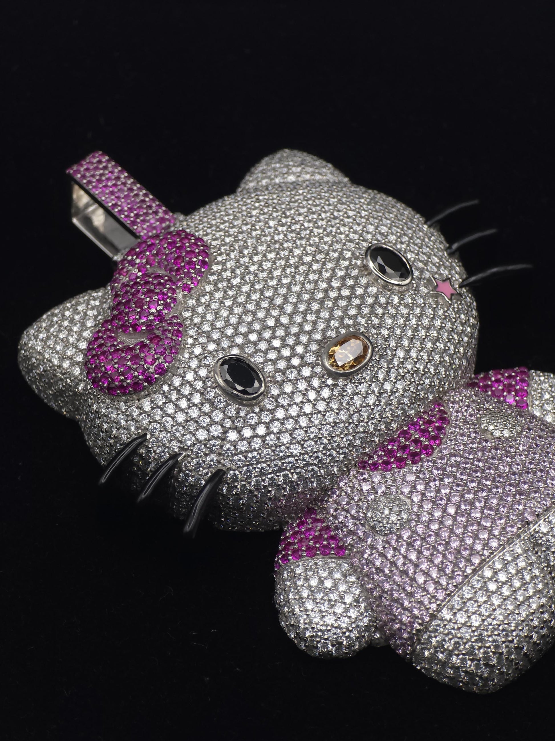 3" Fully Iced Cartoon Cat VVS Moissanite Diamond Pendant, Passes Diamond Test, Icy Hip Hop Pendant, Solid Back