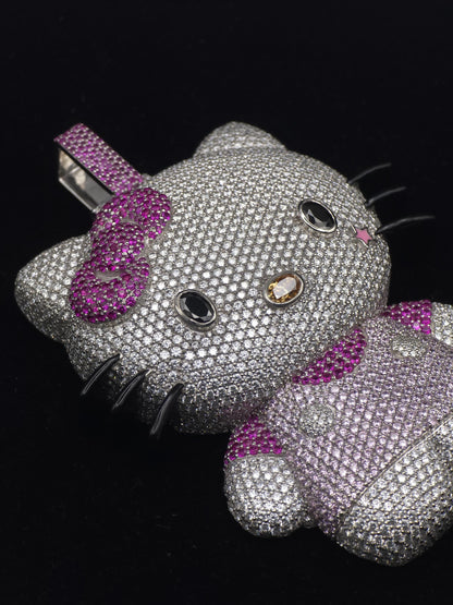 3" Fully Iced Cartoon Cat VVS Moissanite Diamond Pendant, Passes Diamond Test, Icy Hip Hop Pendant, Solid Back